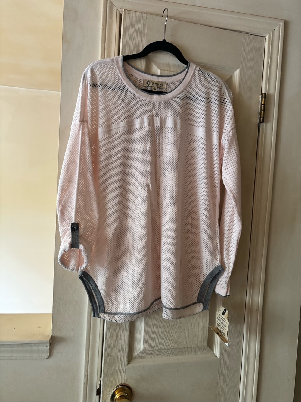 Democracy Light Pink Mesh Crewneck Sweater with Gray Trim